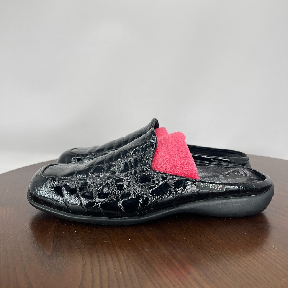 Mephisto Cool Air Mule Shoes Women's 6 Black Leather Patent Croc Print Slip On